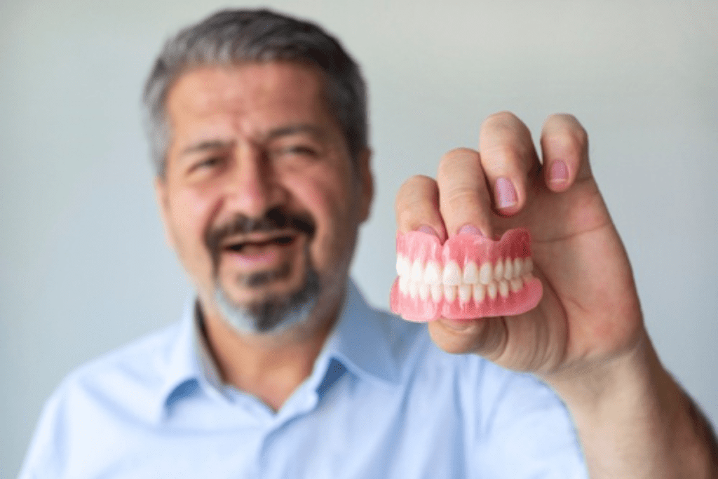 Homem segura dentadura e mostra.
