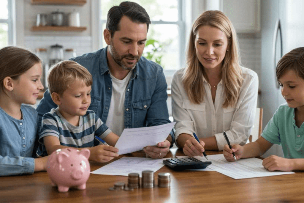 Pai, mãe e um casal de filhos menores na mesa.