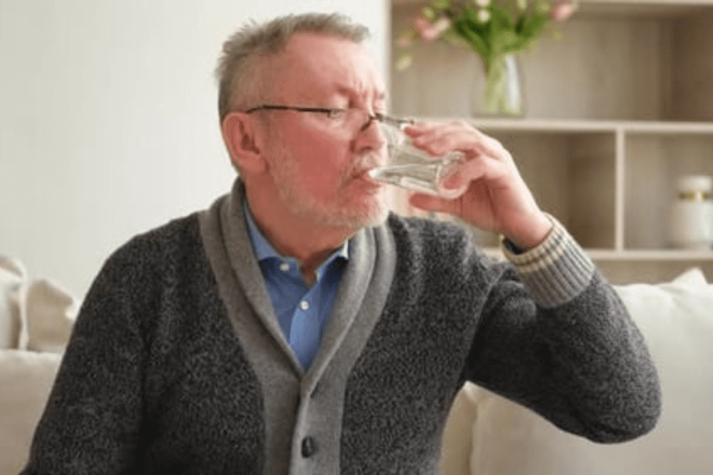 Homem maduro bebendo água ao acordar.