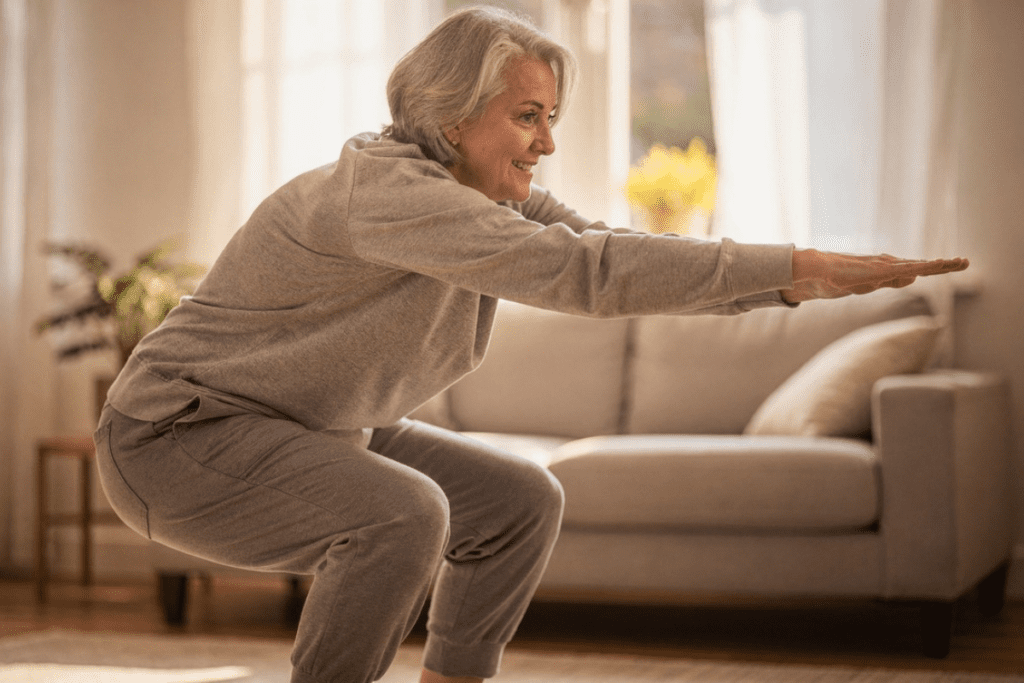 Idosa em movimento matinal.