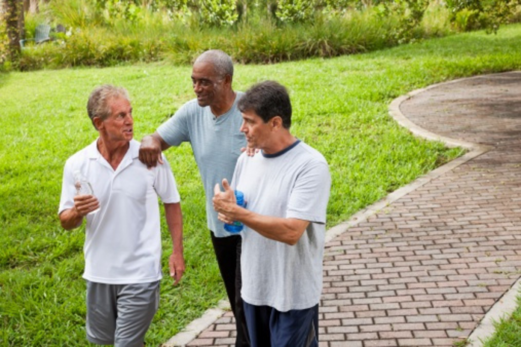 Homensna faixa dos 50 anos caminhando ao amanhecer com energia e disposição