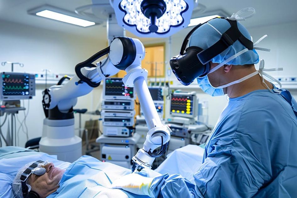 Cirurgião operando console de cirurgia robótica com precisão