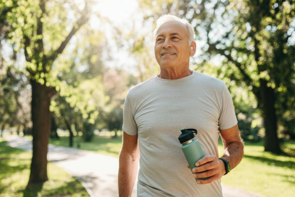Homem caminhando no parque.