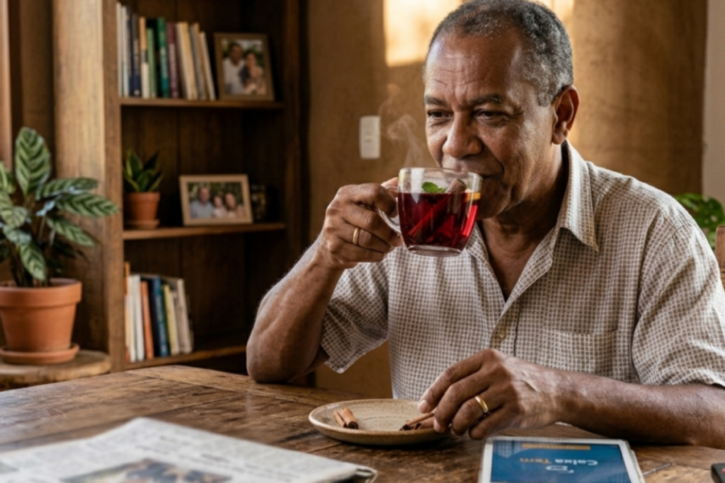 Senhor tomando chá de hibisco.