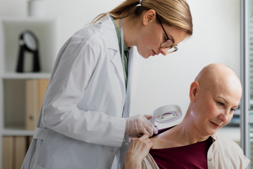 Oncologista e paciente na sala de exames.