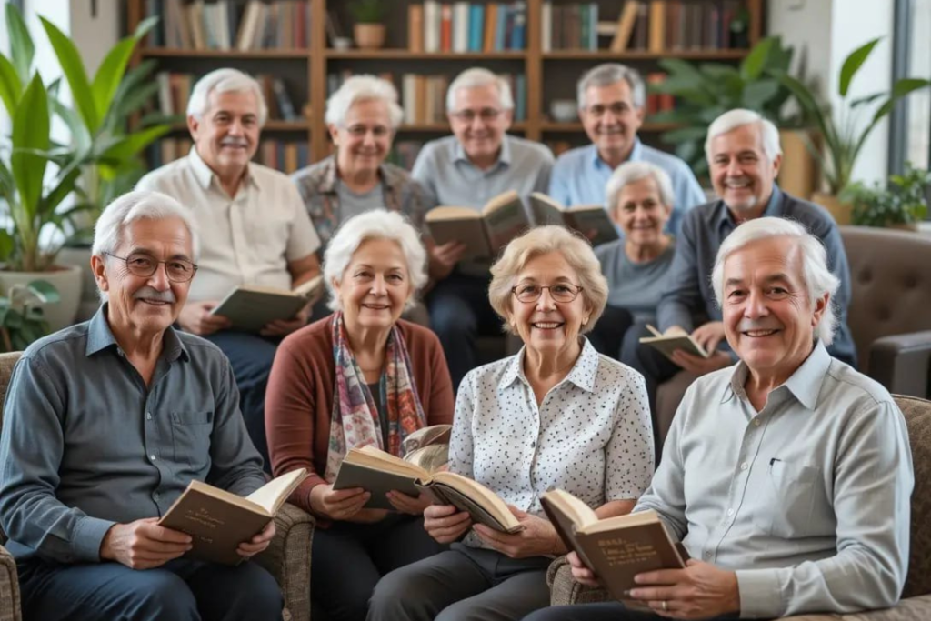 Idosos reunidos para leitura.