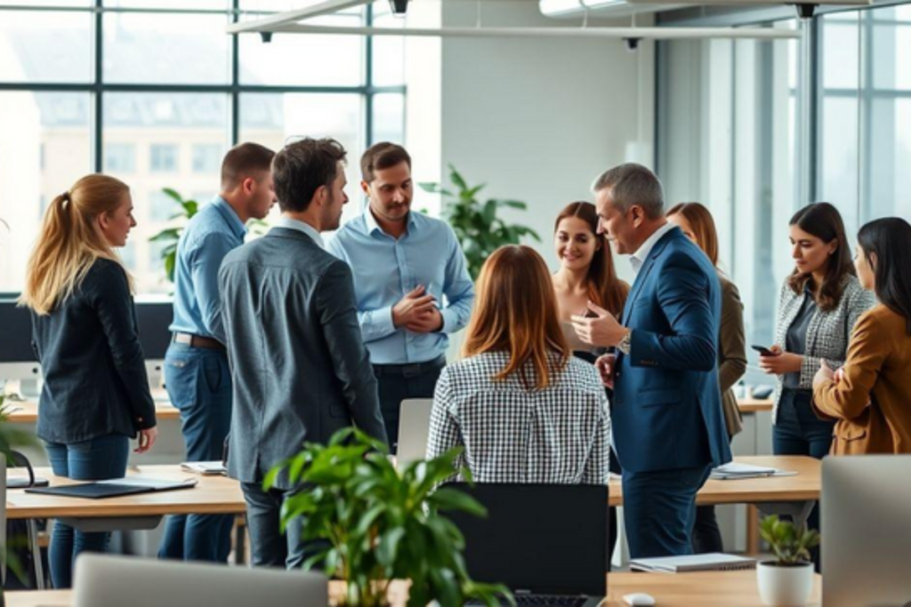 Funcionários de uma empresa com benefícios de planos de saúde.