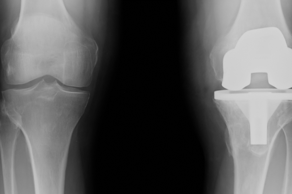Radiografia mostrando prótese de joelho.
