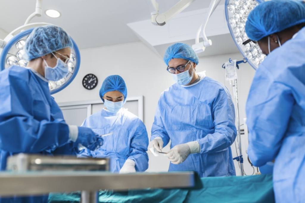 Médicos no centro cirúrgico.